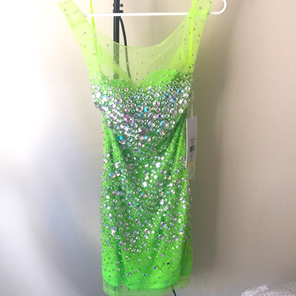 NWT Colors Dress Illusion Mesh Rhinestone Crystal Lime Green Dress Sz 6.
